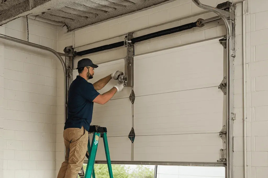 Technician performing garage door repair at EcoStar Garage Doors in Kansas City, showcasing professional service and expertise in garage door maintenance.
