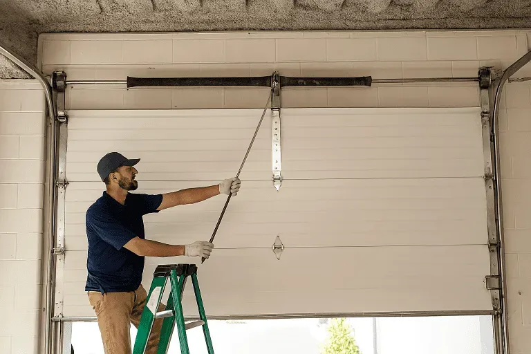 Technician adjusting a torsion spring (wide horizontal shot)