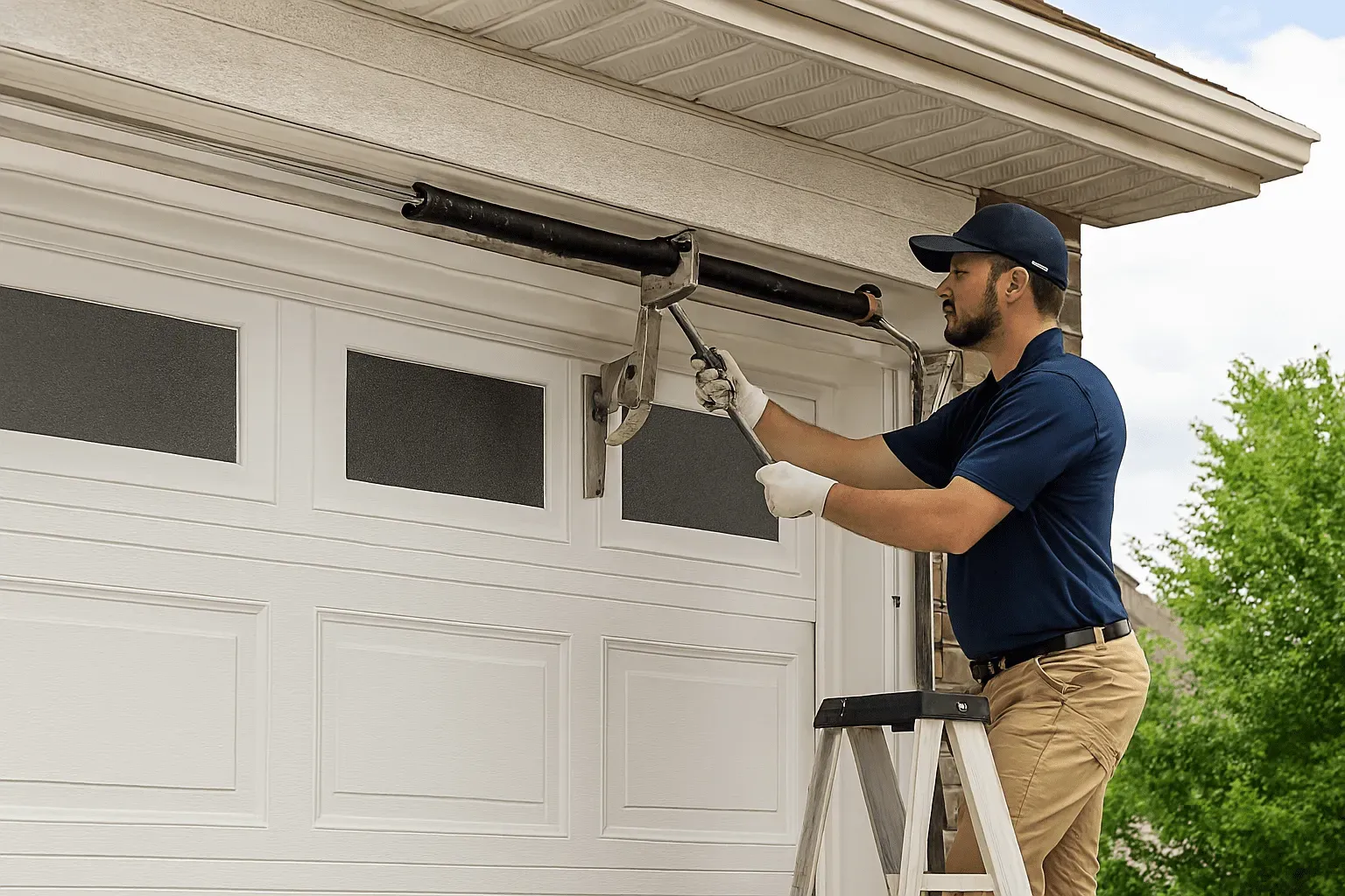 technician repairing a modern residential Garage Door Repair m& Opener Repair​