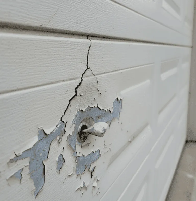 Close-up of damaged garage door panel with cracks, dents, and peeling paint requiring professional replacement