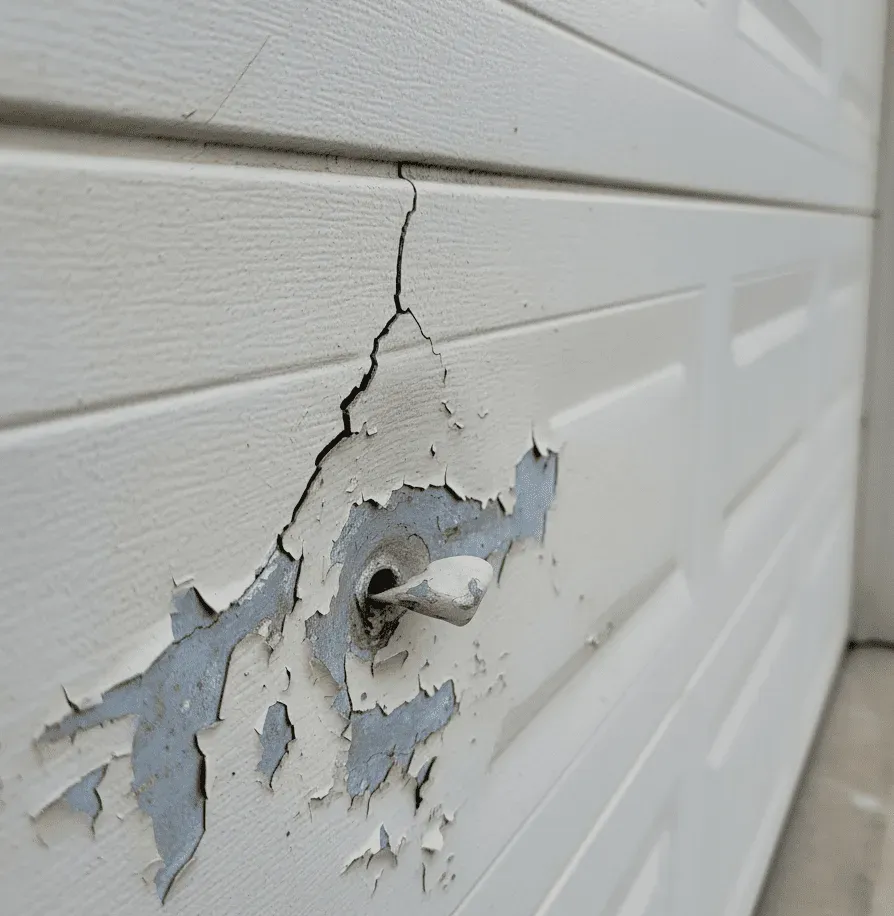 Close-up of damaged garage door panel with cracks, dents, and peeling paint requiring professional replacement