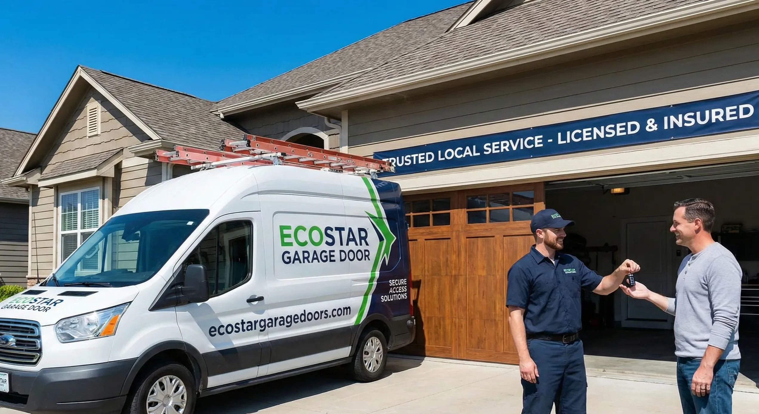 EcoStar Garage Doors service van outside a Kansas City home, showcasing professional garage door installation and customer satisfaction.