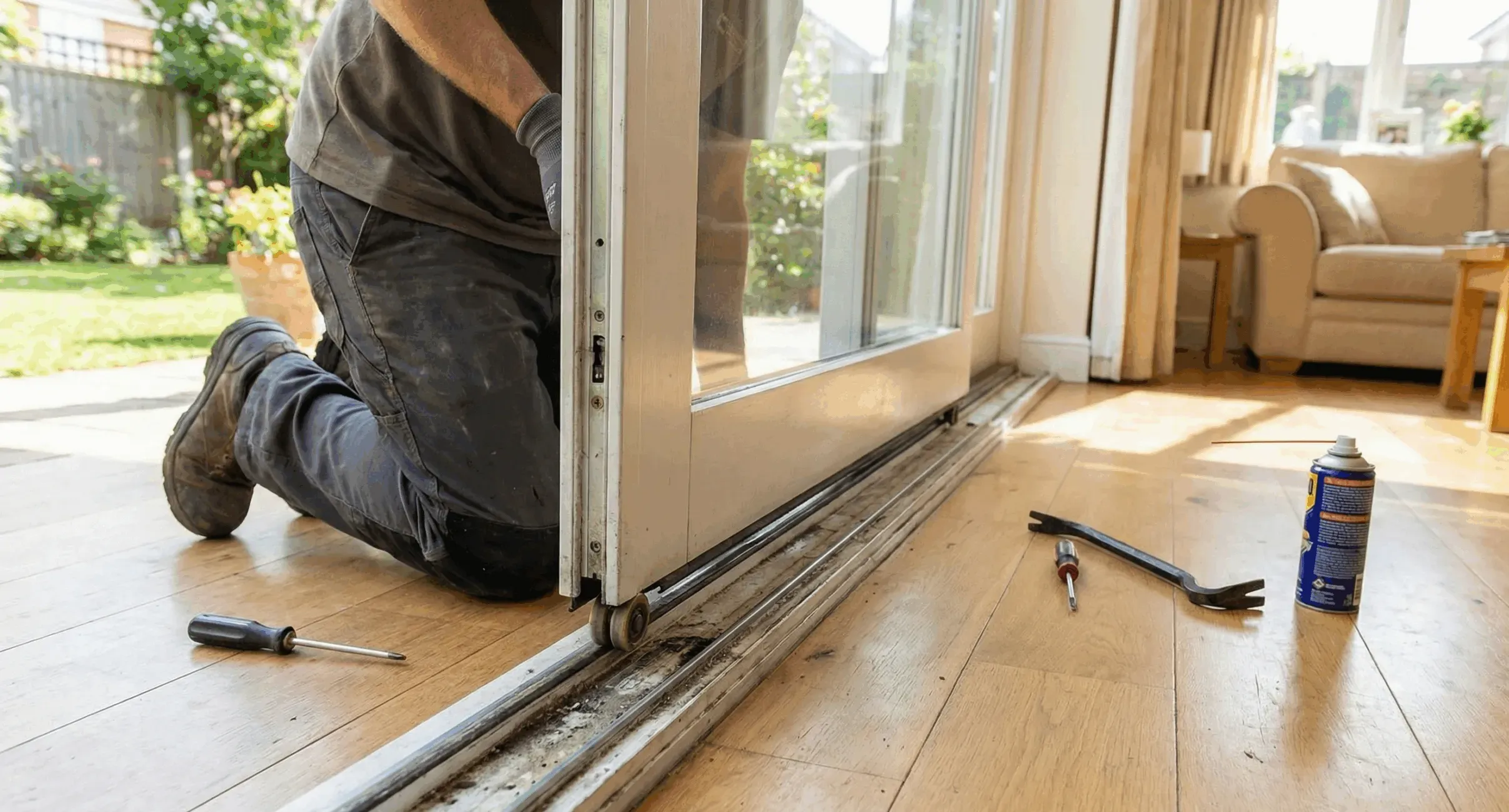 Technician performing garage door maintenance in a Kansas City home, ensuring smooth operation with tools like a screwdriver and lubricant nearby. EcoStar Garage Doors services featured.