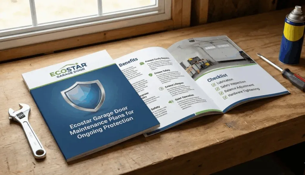 EcoStar Garage Doors maintenance brochure showcasing ongoing protection plans, tools, and checklists for Kansas City garage door services on a wooden workbench.