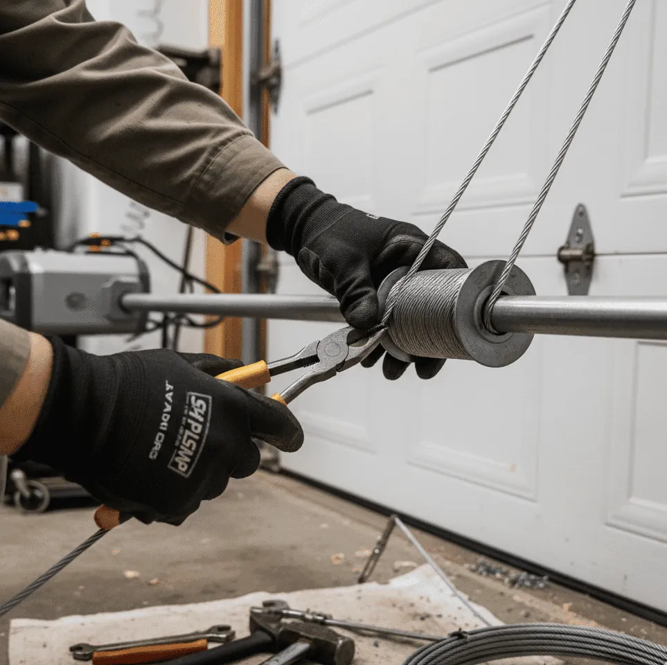 Technician repairing a garage door spring system in Kansas City, showcasing EcoStar Garage Doors' expert services with tools and equipment on a workshop floor.
