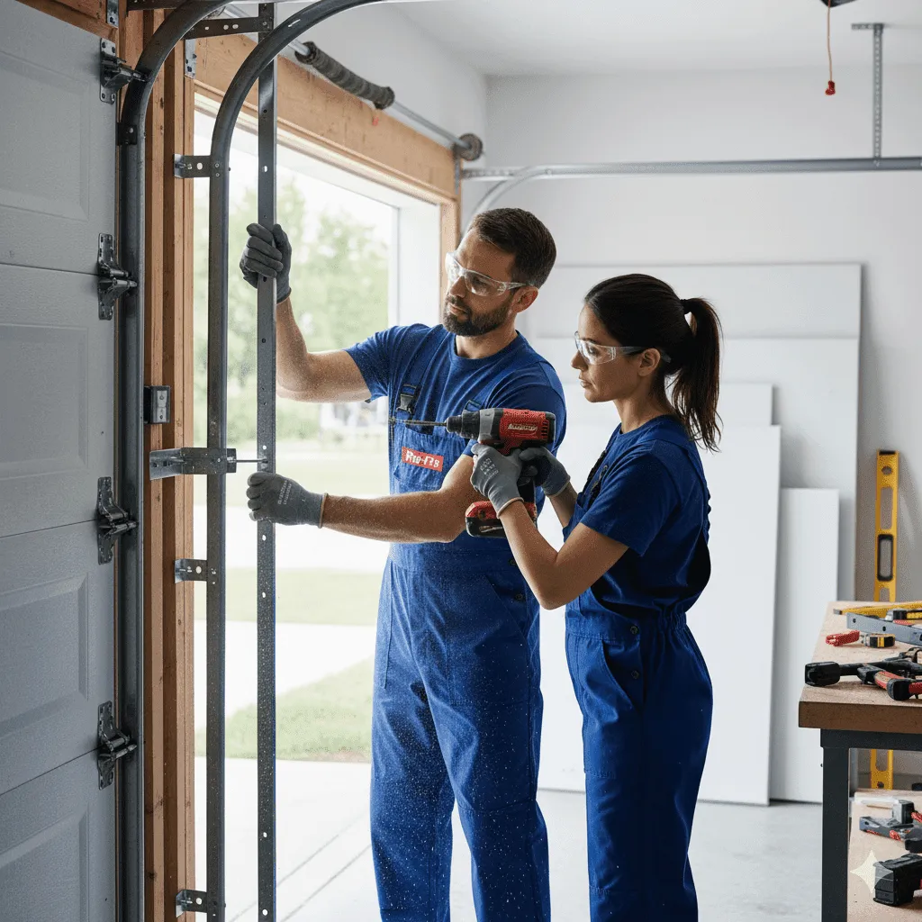 Technicians installing EcoStar garage doors in a Kansas City home, showcasing professional garage door services and expertise.