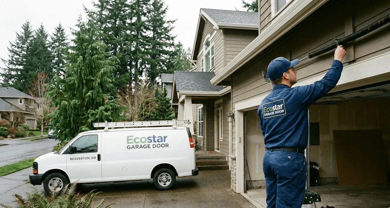 Technician from EcoStar Garage Doors performing maintenance on a residential garage door in Kansas City, showcasing reliable garage door services.