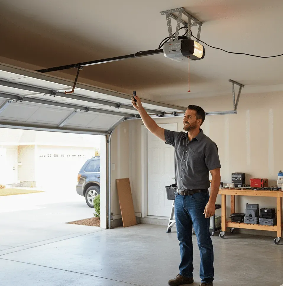 A smiling technician stands on the garage floor, pointing a remote control at the garage door, which is smoothly and evenly opening, showing the repair is complete.