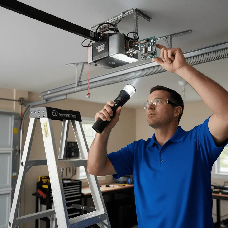 Technician inspecting a garage door opener in Kansas City, highlighting EcoStar Garage Doors' expert repair services.