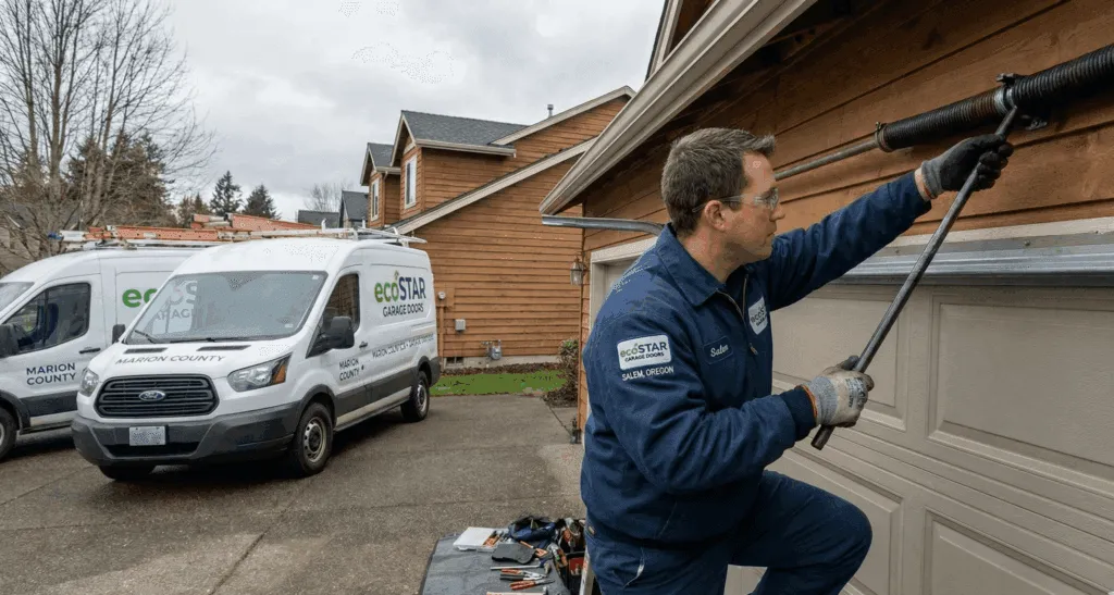 Technician Repairing Garage Door in Marion County