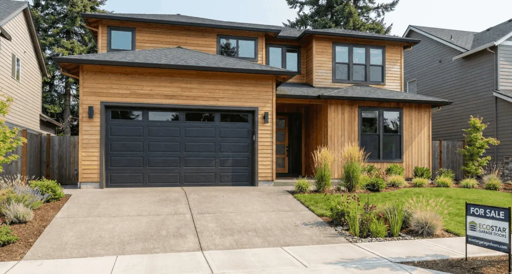 Modern home featuring EcoStar Garage Doors in Kansas City, showcasing a stylish black garage door and lush landscaping, ideal for enhancing curb appeal.