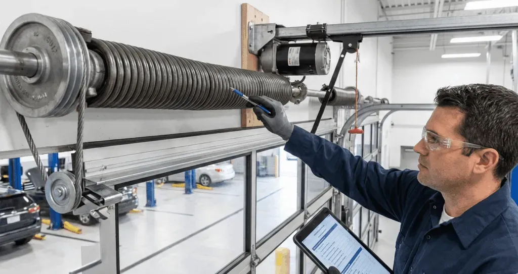 Technician inspecting a garage door spring system at EcoStar Garage Doors in Kansas City, specializing in professional garage door repair and installation services.