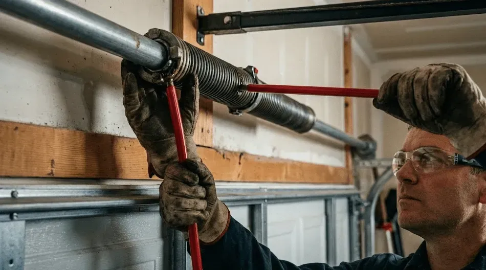 Technician performing garage door spring repair in Kansas City, showcasing EcoStar Garage Doors' expert services for residential maintenance and installation.